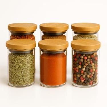 Imagem de Conjunto 6 Potes de Vidro Com Tampa Hermética de Bambu 200ml 6cm x 8cm Armazenamento De Condimentos E Mantimentos