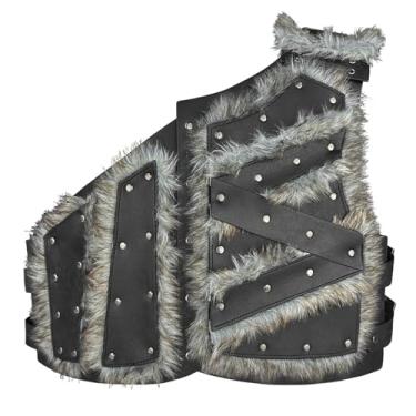 Imagem de HiiFeuer Viking Armadura peitoral de pele sintética de pele artificial, medieval, vintage, bárbaro, armadura, colete ajustável, Preto A, G