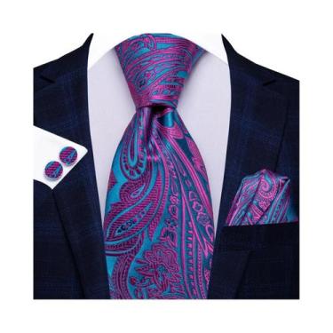 Imagem de Gravata Masculina Extra Longa De 170cm Com Estampa Floral Rosa, Lenço 