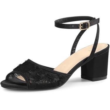 Imagem de Perphy Sandálias femininas de salto grosso com tira no tornozelo e cetim de renda, Preto, 35