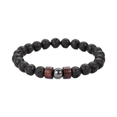 Imagem de Pulseira Elástica De Pedra Vulcânica De 8mm Com Contas De Madeira, Joi