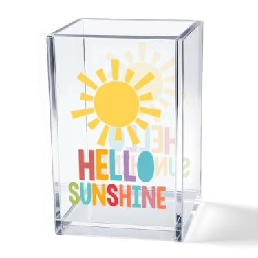 Imagem de Vgrti Hello Sunshine Copo de acrílico para lápis cosmético, organizador de mesa, acessórios para decoração de escritório em casa, presentes de apreciação motivacional para colega de trabalho