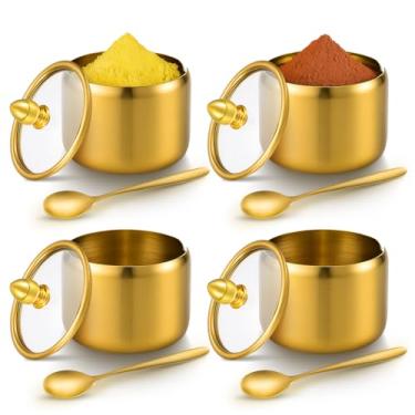 Imagem de Sibba Pacote com 4 açucareiros dourados de 293 ml com tampa e colher, recipiente de açúcar dourado de aço inoxidável, recipiente para creme, pote redondo durável para cafeteria, acessórios de cozinha