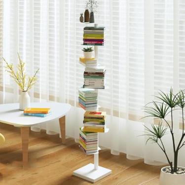 Imagem de Estante vertical de 7 andares, estante de metal alta e estreita, torre de livros elegante para escritório em casa, prateleira de exibição branca moderna, solução de armazenamento que economiza espaço