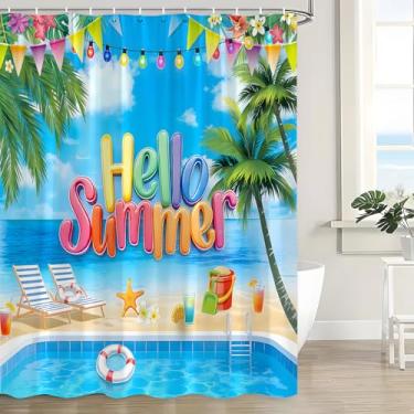 Imagem de JWJAMM Cortina de chuveiro verão oceano praia tropical náutico costeiro palmeira mar cenário litorâneo beira-mar Havaí férias férias tempo natação piscina tecido cortina de banho com gancho, 187 x 178