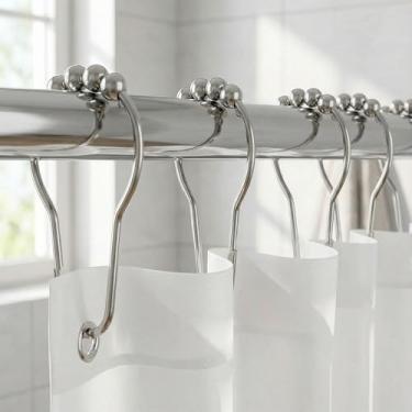 Imagem de Conjunto de 12 ganchos de cortina de chuveiro, ganchos de chuveiro deslizantes duplos de metal resistente à ferrugem com bolas de rolo lisas para varões de chuveiro e cortinas de banheiro cromadas
