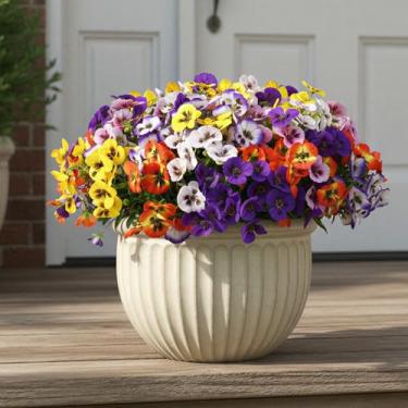 Imagem de CEWOR 24 pacotes de flores artificiais para ambientes externos, amor-perfeito de seda falsa com folhas de eucalipto, flores artificiais para jardim, porta da frente, varanda, pátio, decoração de casa