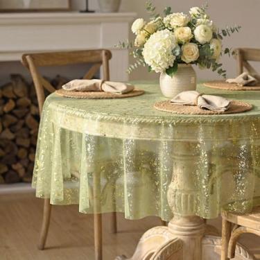 Imagem de Horaldaily Toalha de mesa de gaze verde sálvia redonda 152 x 152 cm, folha metálica com glitter de lantejoulas douradas, gaze de tule transparente para casamento, chá de bebê, cerimônia de aniversário