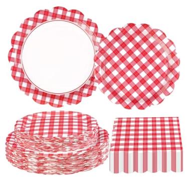 Imagem de Conjunto de pratos e guardanapos xadrez xadrez xadrez vermelho e branco, 200 peças, para Natal, aniversário, piquenique, churrasco, chá de bebê, decoração de festa, serve 50