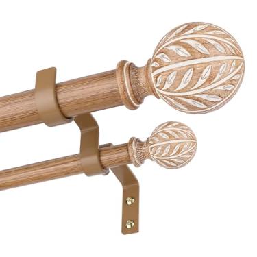 Imagem de Varões de cortina duplos para janelas, hastes duplas longas Boho com acabamentos decorativos de folha de grão de madeira feitos à mão, hastes de tratamento de janela de metal rústico ajustáveis de 2,5