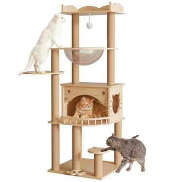 Imagem de KVIDA Árvore resistente para gatos grandes, torre multi-nível para gatos de 144 cm com base de madeira maciça, casa de condomínio, rede, postes para arranhar sisal e plataformas amplas para gatos