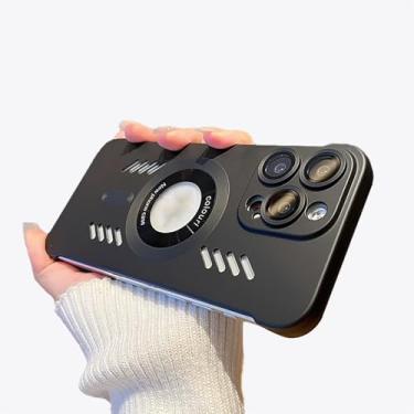 Imagem de HUHUCASE Capa para celular iPhone compatível com tinta spray magnética sem moldura, óculos de resfriamento vazados, capa protetora com etiqueta ausente (preta, iPhone13Promax)