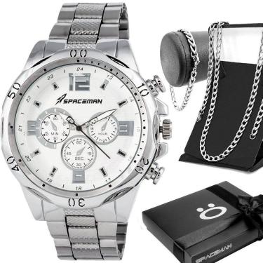 Imagem de Relogio Aço Inox Prata Masculino + Caixa + Cordao Robusto