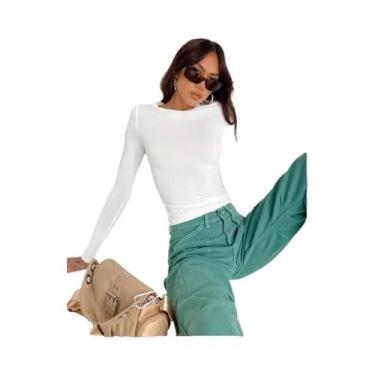 Imagem de Camiseta Feminina De Manga Longa Slim Fit, Básica, Sólida, Pullover, E
