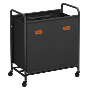 Imagem de SONGMICS Classificador de roupa com 2 seções, cesto de roupa suja com rodas, carrinho com rodinhas com grande capacidade e sacos removíveis, para lavanderia, quarto, banheiro, tinta preta URLS210B01