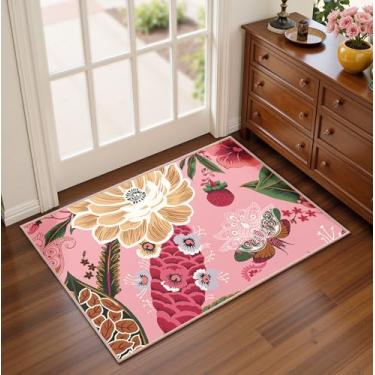 Imagem de Tyrot Tapete de sala de estar rosa boho floral borboleta botânica 6 x 3 pés
