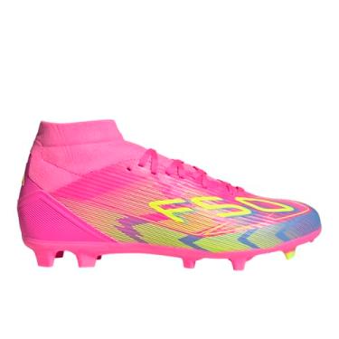 Imagem de adidas Chuteira feminina F50 League Mid Top Firm Multi Ground Soccer Cleats, Rosa lúcido/limão lúcido/azul fusão, 34