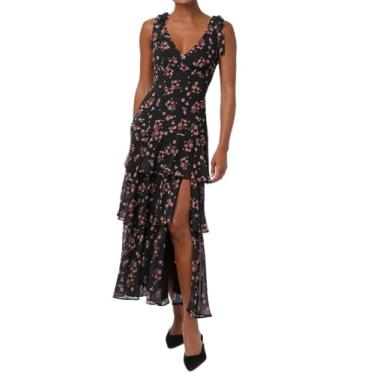Imagem de Lulus Arya Vestido longo de chiffon floral em camadas com alças de amarrar, vestido longo evasê para férias e inverno, Preto Multi, GG