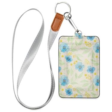 Imagem de Burbuja Porta-crachá de couro com cordão, etiqueta de identificação de flores com 1 janela transparente para identidade e 2 compartimentos para cartão para escritório, enfermeira, professor, médico