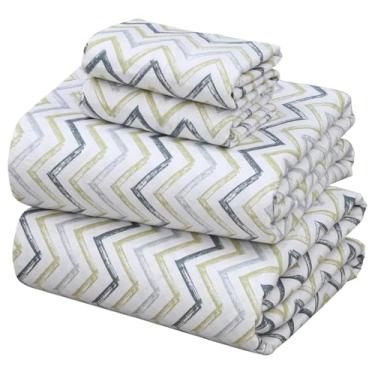 Imagem de ZOYER Jogo de cama casal de flanela – Roupa de cama de flanela de algodão com bolso profundo macio e confortável, até 40,6 cm, lençóis de casal escovados duplos, 4 peças, zig e zag