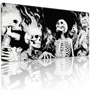 Imagem de Tapete de mouse para jogos XXL, estampa de caveira de terror preto e branco, 90 x 40 cm, base de borracha antiderrapante, superfície de pano de microfibra à prova d'água