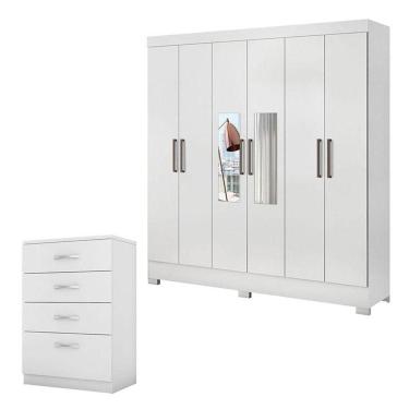 Imagem de Cômoda Astral E Guarda Roupa Casal Prático Branco Com Espelho - Demóbile