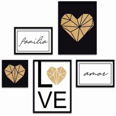 Imagem de Conjunto Quadros Decorativos 5 Peças Família Coração Titulo Moldura Preta