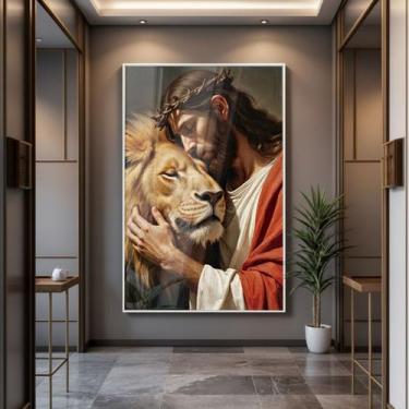 Imagem de Quadro com Moldura e Acrilico Cristal Vidro Jesus Leao para Sala, Quar