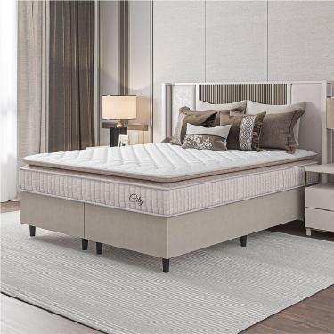 Imagem de Cama Box Colchão Casal King Molas Ensacadas City Pillow Top 193x203x61cm Bege Branco Hellen