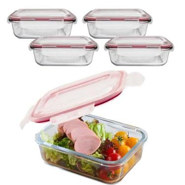 Imagem de Kit 4 Pote De Vidro C/ Tampa Hermética Marmita Fit Colorido Trava 1040