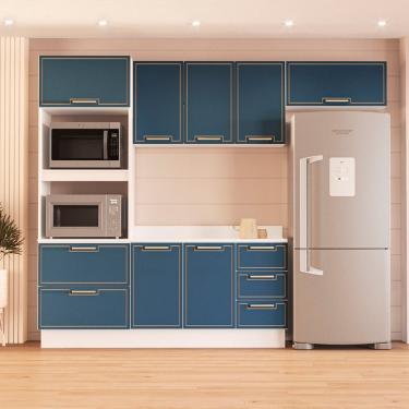 Imagem de Cozinha Modulada 4 Peças com Tampo e Rodapé Amara Politorno - Branco com Azul