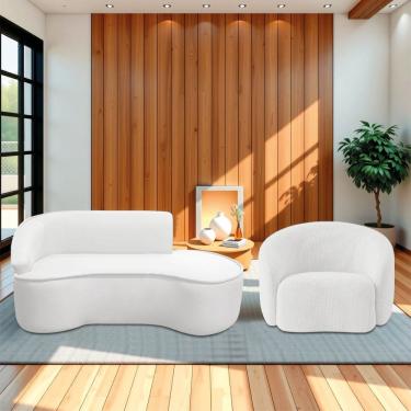 Imagem de Kit Divã Recamier Orgânico Marrocos 160cm Lado Direito E 1 Poltronas Amore Bouclé Branco