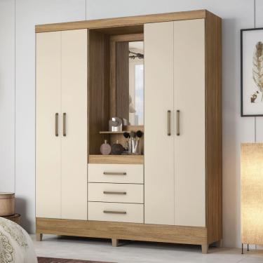 Imagem de Guarda Roupa Solteiro com Espelho 4 Portas 3 Gavetas Capelinha e Pés Persia Demóbile - Amendoa/Off White