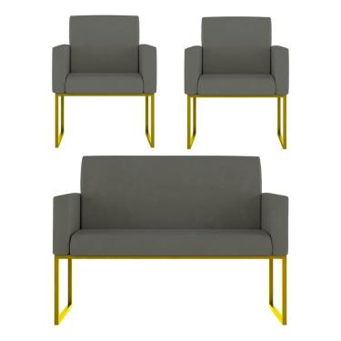Imagem de Kit 2 Poltronas E Namoradeira Nina Para Recepção Courino Cinza Balaqui Decor