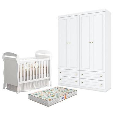 Imagem de Berço Americano Danny Branco Acetinado Reller e Guarda Roupa Infantil 