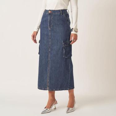 Imagem de Saia Jeans Longa Fenda E Bolso Fole-Feminino