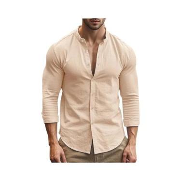 Imagem de Camisa Havaiana Masculina Slim Fit Em Algodão E Linho, Cor Sólida, Res