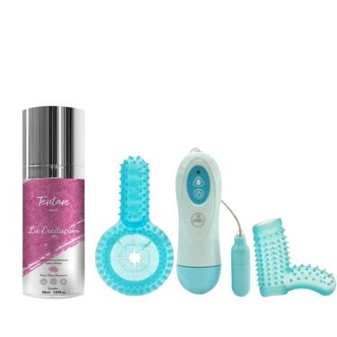 Imagem de Kit Anel Peniano Vibratório e Gel La Excitacion Sabor Chiclete em PVC Atóxico e ABS Azul com Cápsula Vibratória 10 Modos