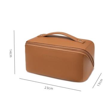 Imagem de Bolsa Necessaire OEM Super Espaçosa em Couro PU Marrom para Maquiagem Cosméticos e Viagem Feminina