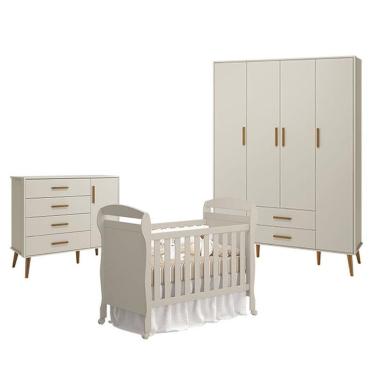 Imagem de Quarto De Bebê 4 Portas Com Cômoda Com Porta Isis E Berço Americano Danny Areia Acetinado - Reller