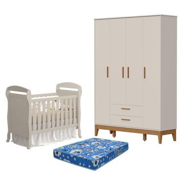 Imagem de Berço Americano Danny Com Colchão Ortobom E Guarda Roupa 4 Portas Flip Areia Acetinado - Reller