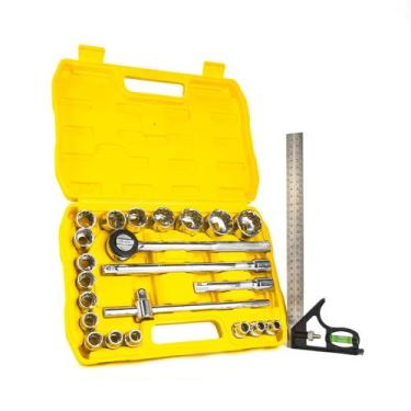 Imagem de Soquetes 1/2" (22 Peças) + Régua Esquadro com Nível Inox 30 cm (12") -