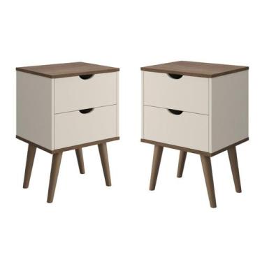 Imagem de Kit 2 Mesas Cabeceira Madri Mesinha Lateral Off White com Canela Pés P