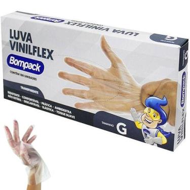 Imagem de Luva Vinil Flex Descartável Mãos Transparente C/ 100u G - BOMPACK