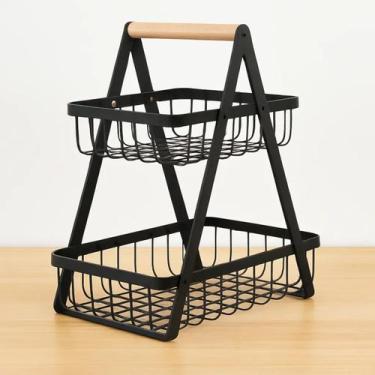 Imagem de Fruteira de Mesa 2 Andares Metal e Madeira Premium Organizador de Frut