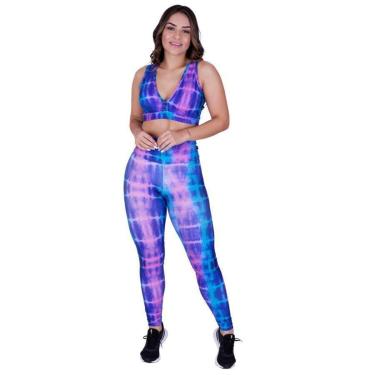 Imagem de Conjunto Legging Fitness Estampa+Top Decote Bojo Uv50+ Orbis - Azul, G-Feminino