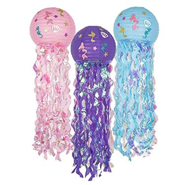 Imagem de Kit de lanternas de papel Jellyfish Lanterna de sereia para pendurar, para aniversário de meninas, quarto de bebê, quarto, lâmpadas de decoração de festa temáticas do oceano, conjunto de 3