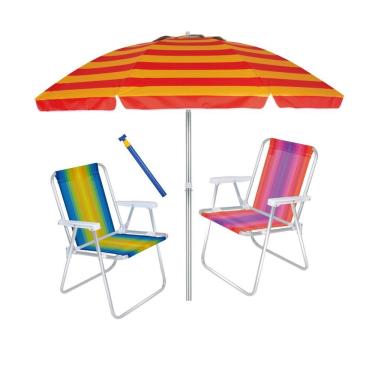 Imagem de Kit 2 Cadeira Alta Alumínio + Guarda Sol 2,4 metros + Saca Areia - Mor
