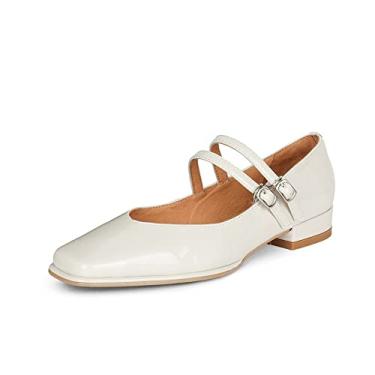 Imagem de TinaCus Sapato feminino de bico quadrado de couro envernizado feito à mão com fivelas casuais Mary Jane, Off-white, 36