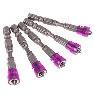 Imagem de 5 peças chave de fenda magnética ponta cruzada ph2 chave de fenda magnética 1/4 polegada sextavada haste drywall conjunto de chave de fenda elétrica, roxo